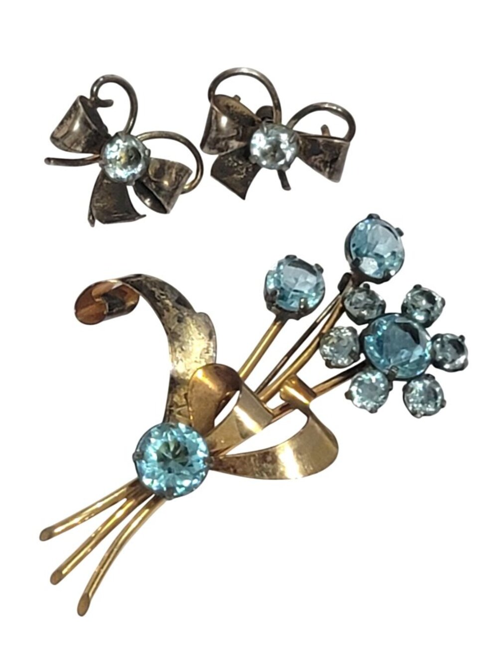 Vintage Sterling Silver Gold Filled Floral Brooch Bow Earrings Blue Rhinestones